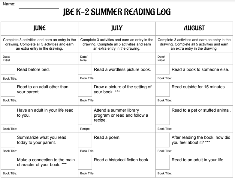 JBE K-2 Summer Reading Log